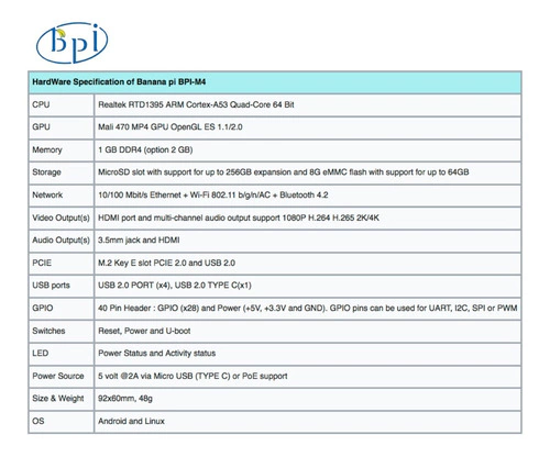 Banana Pi BPI-4 | 2GB RAM | 8GB eMMC - loja online