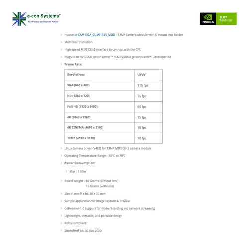 e-com Systems e-CAM131_CUNX Camera | 4K 13MP | Compatível com Nvidia Jetson Nano e Nx - Loja do Jangão - InterBros