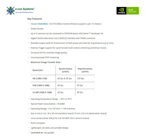 e-com Systems NileCAM25_CUXVR | Full HD GMSL2 Global Shutter Câmera | Compatível com NVIDIA Jetson AGX Xavier | Incluído 15 metros de Cabo en internet