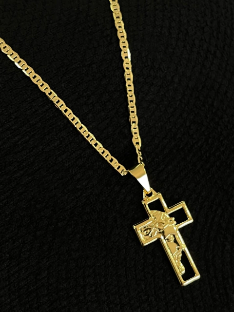 Corrente Piastrine 2,5mm + Pingente Face de Cristo na Cruz Vazada Mini - comprar online