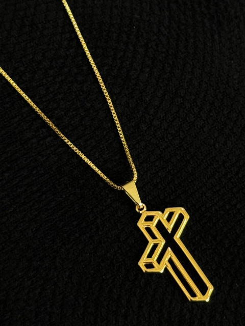 Kit Corrente Veneziana Curta 1mm + Pingente Crucifixo Vazado 3D - comprar online
