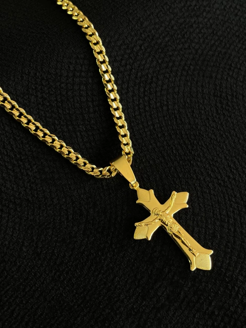 Kit Corrente Grumet 4mm + Pingente Crucifixo Vitoriano Jesus na Cruz - comprar online