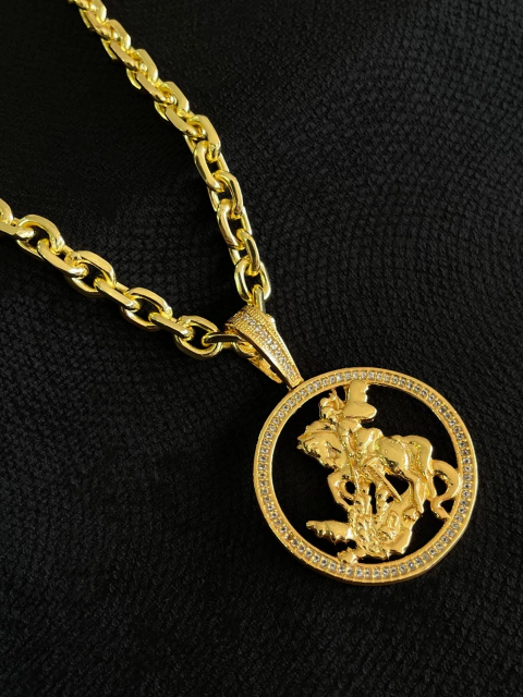 Kit Corrente Cadeado 8mm + Pingente São Jorge Vazado Redondo Cravejado Com Pedras Zircônias, Tamanho G - comprar online