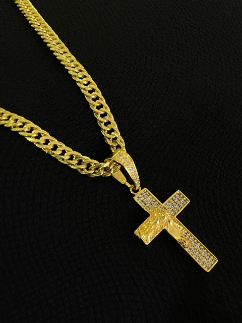 Kit Corrente Grumet Dupla 6mm + Pingente Cruz Rosto de Cristo Cravejado Com Pedras Zircônias, Tamanho M - comprar online