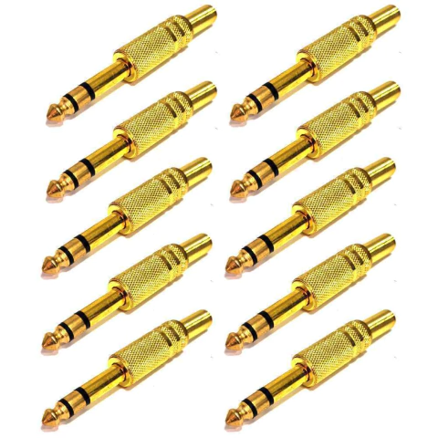 Plug P10 Estéreo Metálico Dourado com Rabicho