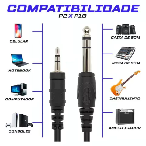 Cabo P10 + P2 Stereo Profissional 3,0Mts Adaptador Mesa Som