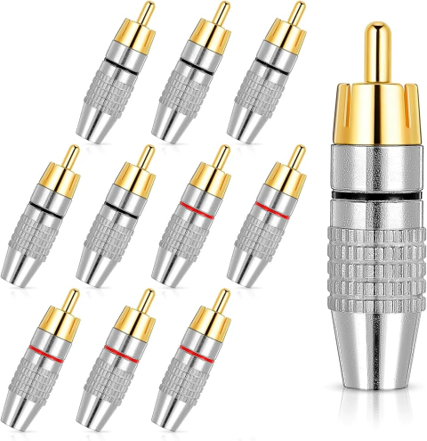 Plug Rca Macho Dourado Metal Para Fio Cabo Kit 10 Unidades