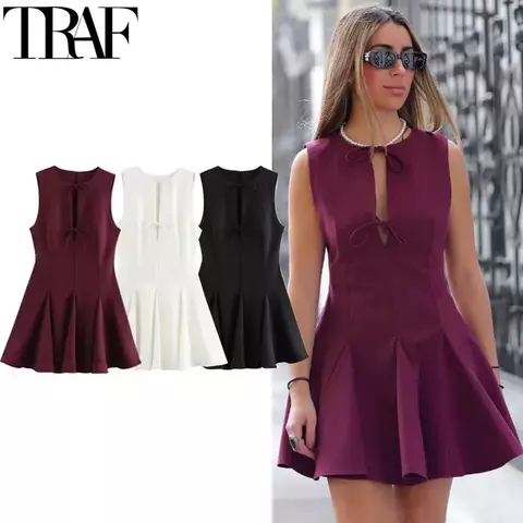 TRAF-vestidos sin mangas nuevos con lazo recortado, vestidos cortos para mujer, camiseta sin mangas de verano, vestido blanco, rojo y negro, vestidos de fiesta elegantes para mujer