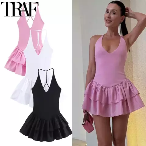 TRAF-Vestidos cortos con cuello Halter para mujer, vestidos lisos con hombros descubiertos, minivestido Bocycon con volantes, vestido de fiesta Sexy con espalda descubierta 2025