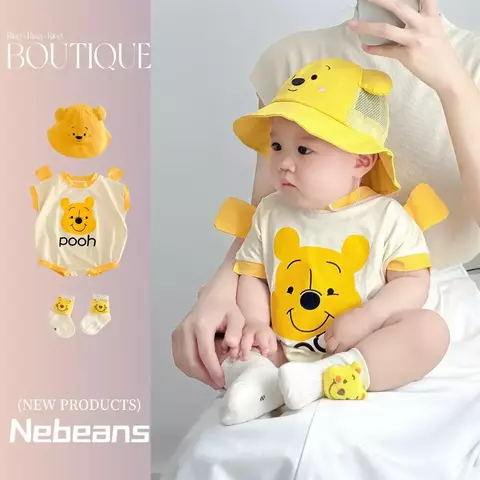 Pelele de manga corta para bebés recién nacidos, calcetín y sombrero, conjunto de 3 uds., estampado de dibujos animados de Mickey Pooh, ropa de algodón para niñas, mono, monos infantiles