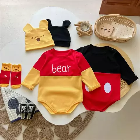 Primavera recién nacido mamelucos calcetín sombrero 3 uds conjunto dibujos animados Mickey Mouse Pooh niños niñas mono disfraz infantil monos de manga larga