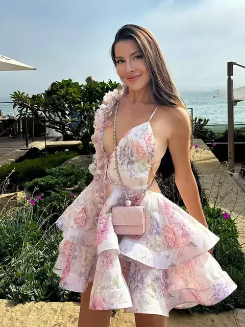 Minivestido Floral con volantes y espalda descubierta para mujer, vestido hinchado con tirantes finos, sin mangas, con cuello en V, vestidos ajustados para vacaciones de noche, bata elegante de verano