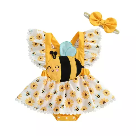 Pelele bonito para niñas recién nacidas de 0 a 18 meses, vestido con manga mosca, falda bordada de abeja/mariquita, monos con dobladillo y diadema