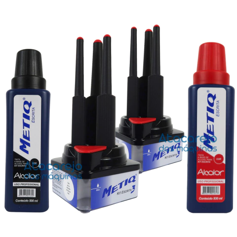 2 Kit Escrita 3 Metiq + 2 Tintas Alcolor 500ml Preta e Vermelha