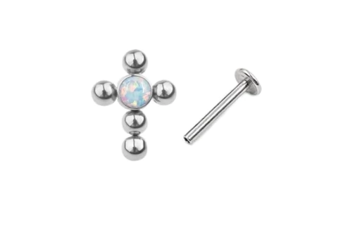Labret Cruz titânio opala e esferas 8mm