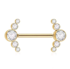 Barbell aço cirúrgico (PUSH PIN) PVD gold. Pedras strass coladas. 14mm. 1.6mm. Valor UNITÁRIO.