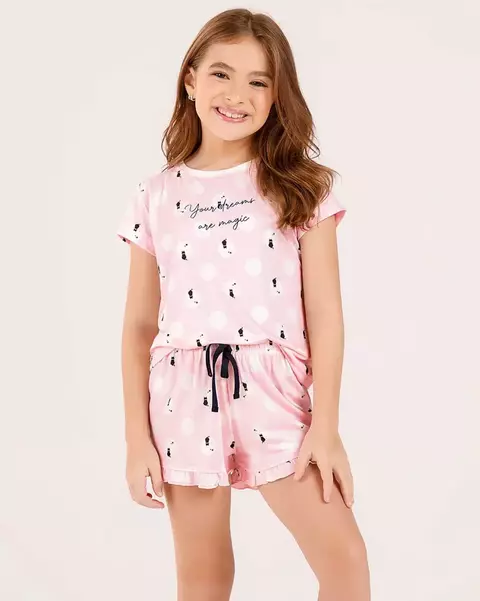 Short Doll Manga Curta Infantil Poá de Gatinhos