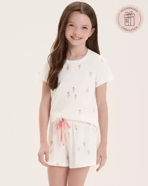 Pijama infantil feminino manga curta com shorts estampa de sorvetes salmão