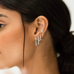 Brinco Trio Quadrado Com Zirconias Ródio - Adrélle Semijoias