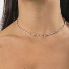 Choker riviera, volta toda cravejada em zircônias, banhada a Ouro 18k ou Ródio Branco.