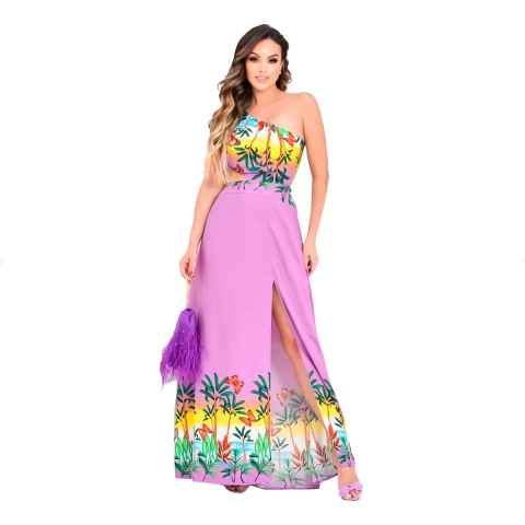Vestido Longo Inspiração Tropical Barrado Mula Manca Fenda
