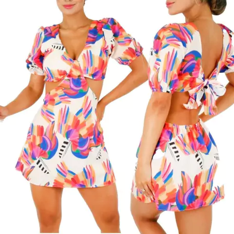 Macacão Feminino Curto Shorts Manga Bufante Estampado