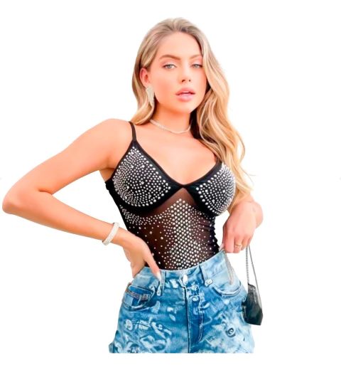 Body Feminino Tule Strass Brilho Balada Alcinha Com Fecho
