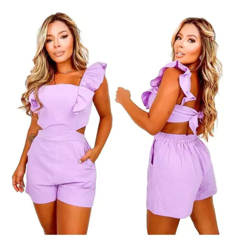 Macaquinho Linho Com Shorts Bolsto Detalhe Babado Frufru