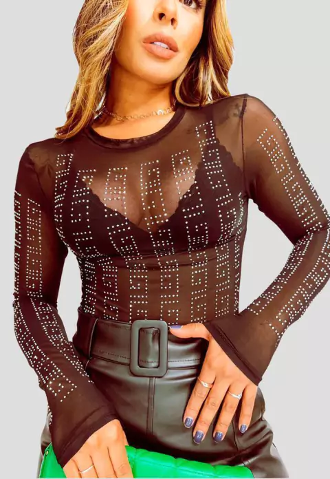 Body Tule Transparência Manga Linda Detalhe Strass Pedraria