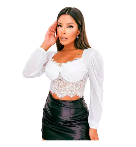 Cropped Renda Decotado Manga Longa Bufante Tule Social Festa
