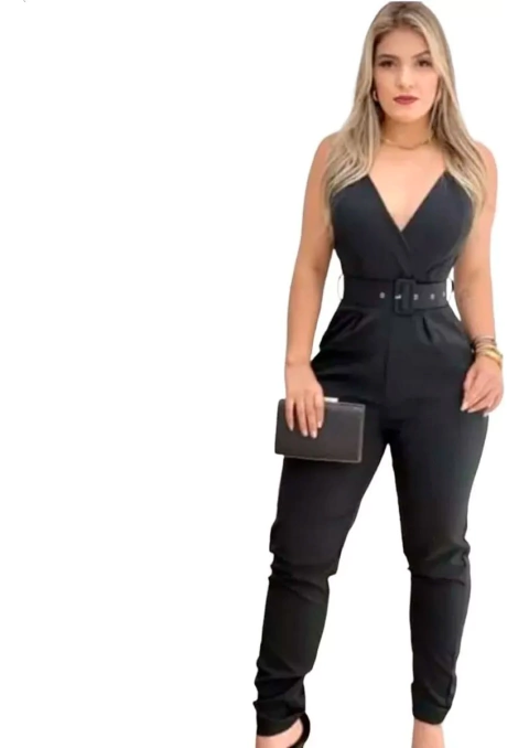 Macacão Longo Feminino Alfaiataria Cinto Punho Decote V Moda