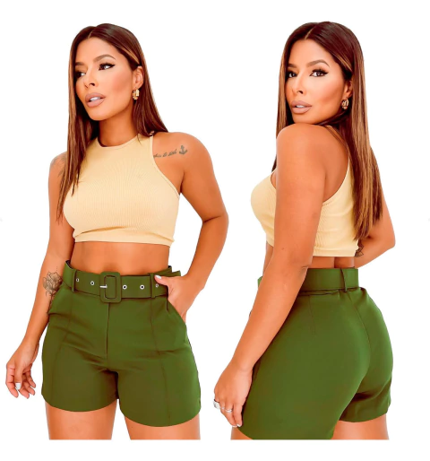 Shorts Alfaiataria Cós Alto Detalhe Fivela Com Bolso Cinto