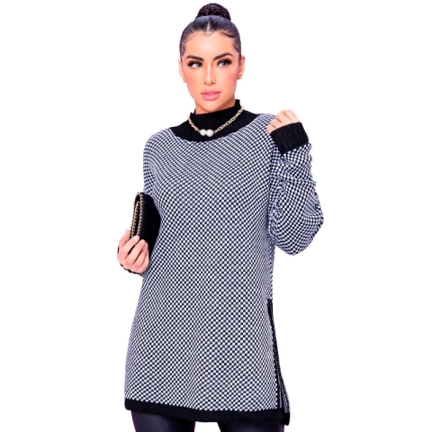 Poncho Tricot Xadrez Gola Alta