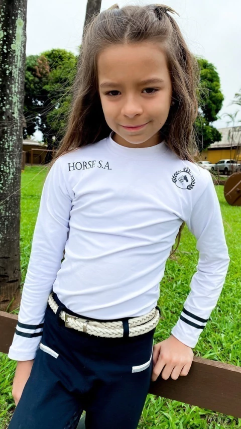 Camisa Hipismo Treino Kids Manga Longa Branca Silk Preto Horse SA - comprar online