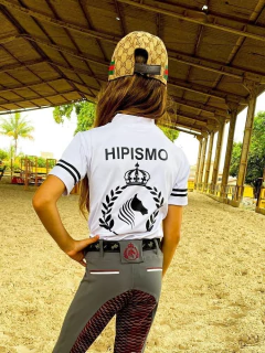 Camisa Hipismo Treino Kids Manga Curta Branca Silk Preto Horse SA na internet