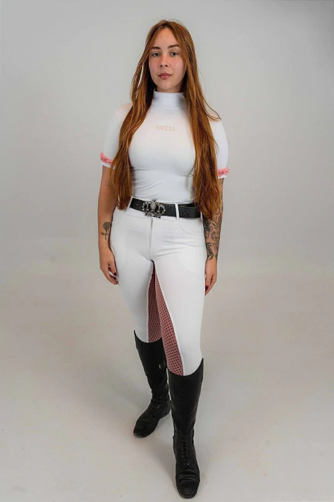 Camisa Hipismo Prova Manga Curta Branca Renda Rosa Horse SA - comprar online
