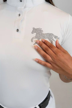 Camisa Hipismo Prova Manga Curta Branca Strauss Cavalo Preto Horse SA - loja online