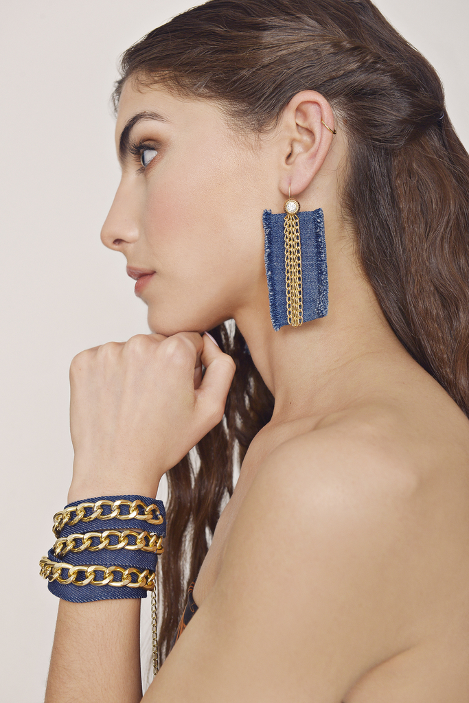 Aros Denim Azul Strass Y Flecos Cadena thumbnail 3
