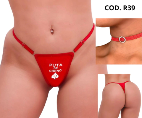 Fio Dental: PUTA DE CORNO + Choker com pingente / COD. R39