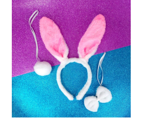 Tiara Forrada Orelhas Coelho Branca com Gravata e Rabinho