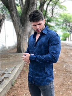Camisa Social ML Masculina EC Company Dubai Azul C Flor Azul