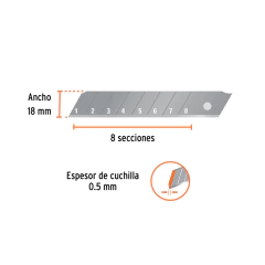 Cuchilla de repuesto Truper SK4 de 18 mm de ancho con 8 secciones numeradas y espesor de 0.5 mm