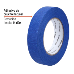 Cinta masking tape azul Truper con adhesivo de caucho natural y remoción limpia en 14 días
