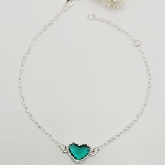 Pulseira Coração Pedra Verde 1cm 20cm Prata 925 na internet