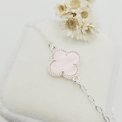 Corrente Trevo Madrepérola Rosa 1,5cm 45cm Prata 925