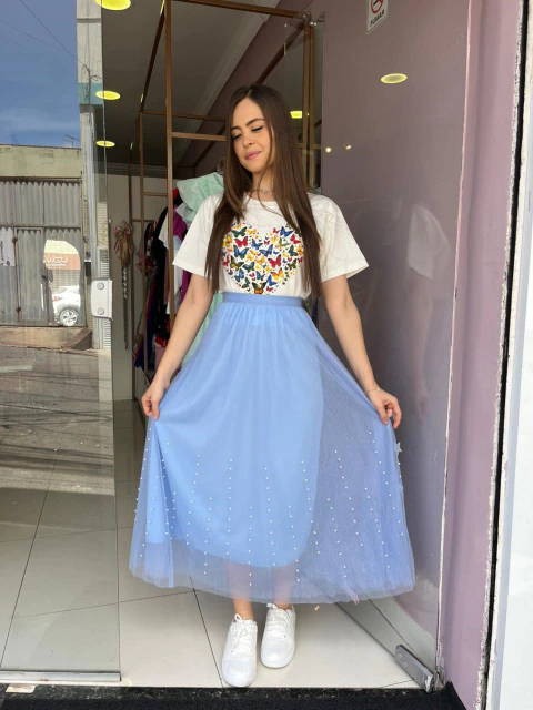 Combo T-Shirt de Algodão + Saia Tule Com Pérolas - 50% OFF! - comprar online