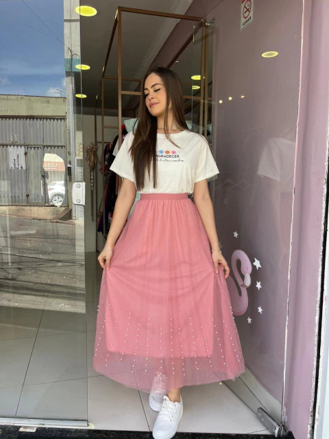 Combo T-Shirt de Algodão + Saia Tule Com Pérolas - 50% OFF! - - comprar online