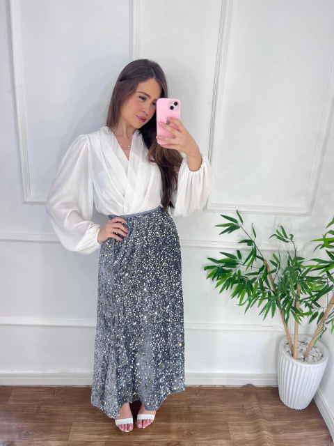 Saia Midi Paetê - Prata