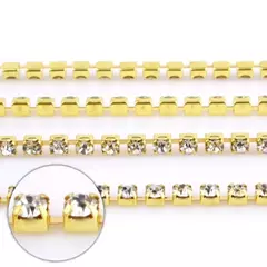 Corrente De Strass Cristal - SS12 - 2mm - Dourado