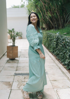 Vestido Olívia longo verde menta - renda tulipa - Três Flores Ateliê